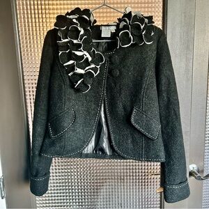 Wool blend unique blazer with ruffled petal asymmetrical collar- Alberto Makali